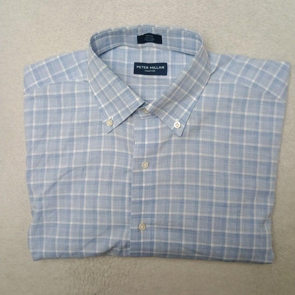 Peter Millar Shirt Men M Blue Plaid Button Down Collar Cotton Work School Preppy